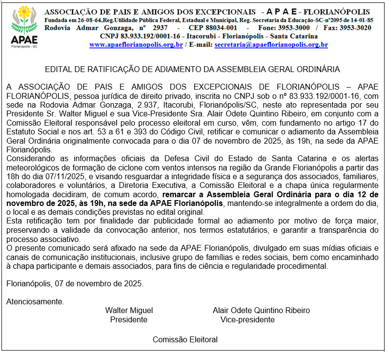 EDITAL DE RATIFICAÇÃO DE ADIAMENTO DA ASSEMBLEIA GERAL ORDINÁRIA