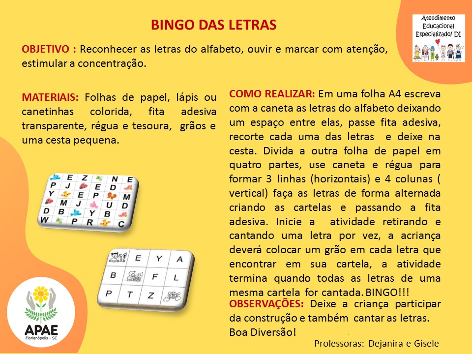 Bingo das letras do nome para trabalhar o alfabeto na Educação