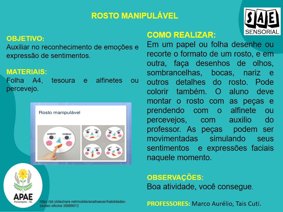 Rosto manipulável - SAE Sensorial